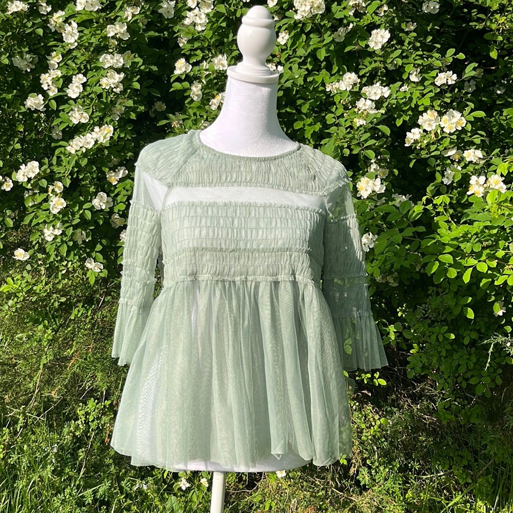 ZARA Trafaluc Collection Sage Green Tulle Mesh Ruffle Babydoll Top Size Small!